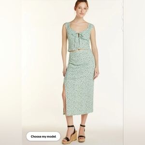 Y2K Pucker Top & Midi Skirt Set In Jade Delight Green Floral XL